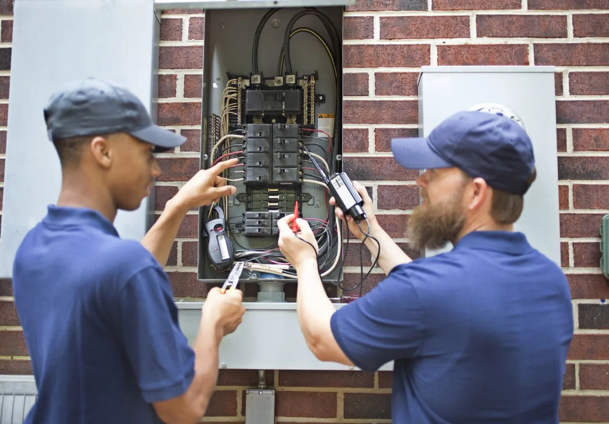 Réparateurs, électriciens travaillant sur la maison disjoncteur