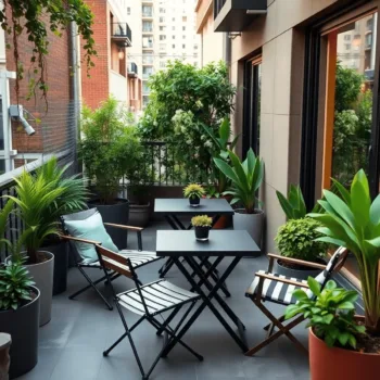 Balcon urbain cosy avec mobilier pliable, tables et chaises modulaires, plantes vertes et éclairage doux créant un espace de vie extérieur élégant.