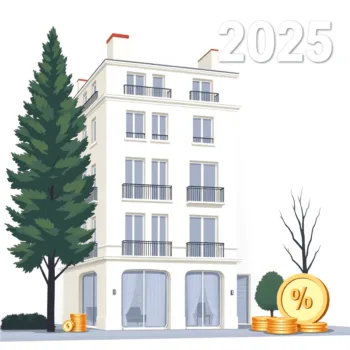 Bâtiment résidentiel moderne français avec des symboles financiers et les couleurs du drapeau français, représentant les réformes fiscales immobili...