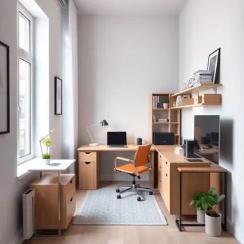 Bureau à domicile compact près d'une fenêtre avec lumière naturelle, doté de meubles modernes et d'un espace de travail organisé et sans encombreme...