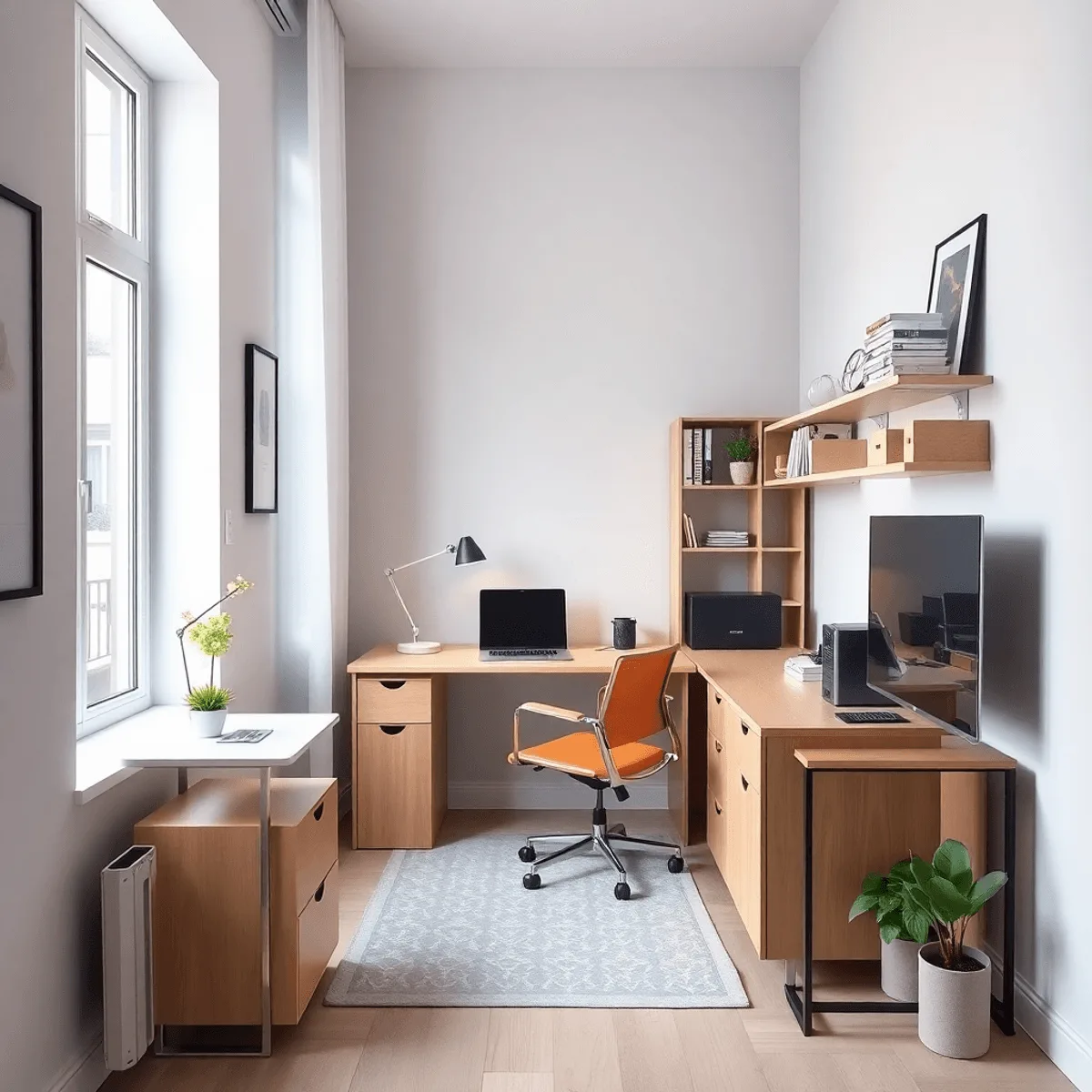 Bureau à domicile compact près d'une fenêtre avec lumière naturelle, doté de meubles modernes et d'un espace de travail organisé et sans encombreme...