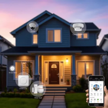 Extérieur moderne de maison intelligente au crépuscule avec des appareils connectés visibles et un smartphone affichant une application de sécurité...