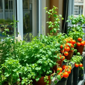Jardin de balcon urbain avec des herbes luxuriantes et des tomates mûres en pots, baignées de lumière du soleil, présentant un petit espace product...