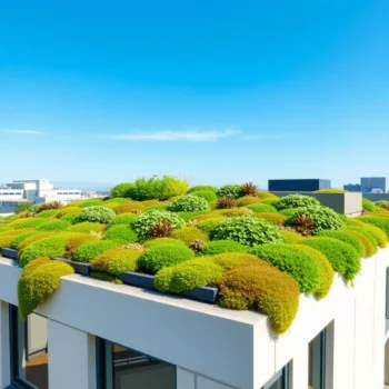 Jardin de toit verdoyant avec des sédums et des mousses sur un bâtiment moderne sous un ciel bleu clair, mettant en avant une toiture écologique et...