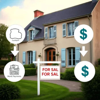 Maison élégante de campagne française avec un panneau "À vendre" et des icônes montrant le paiement initial et les mensualités sur un fond calme.