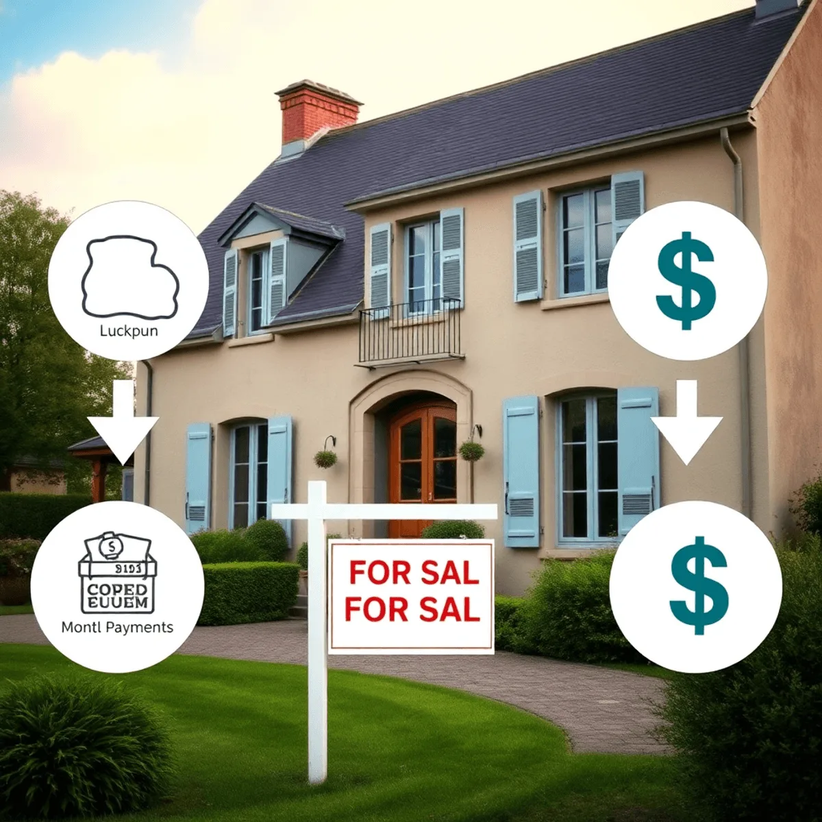 Maison élégante de campagne française avec un panneau "À vendre" et des icônes montrant le paiement initial et les mensualités sur un fond calme.