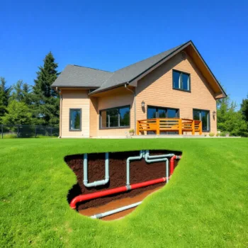 Maison moderne avec système de pompe à chaleur géothermique et conduites souterraines, entourée d'herbe verte et d'arbres sous un ciel bleu clair.