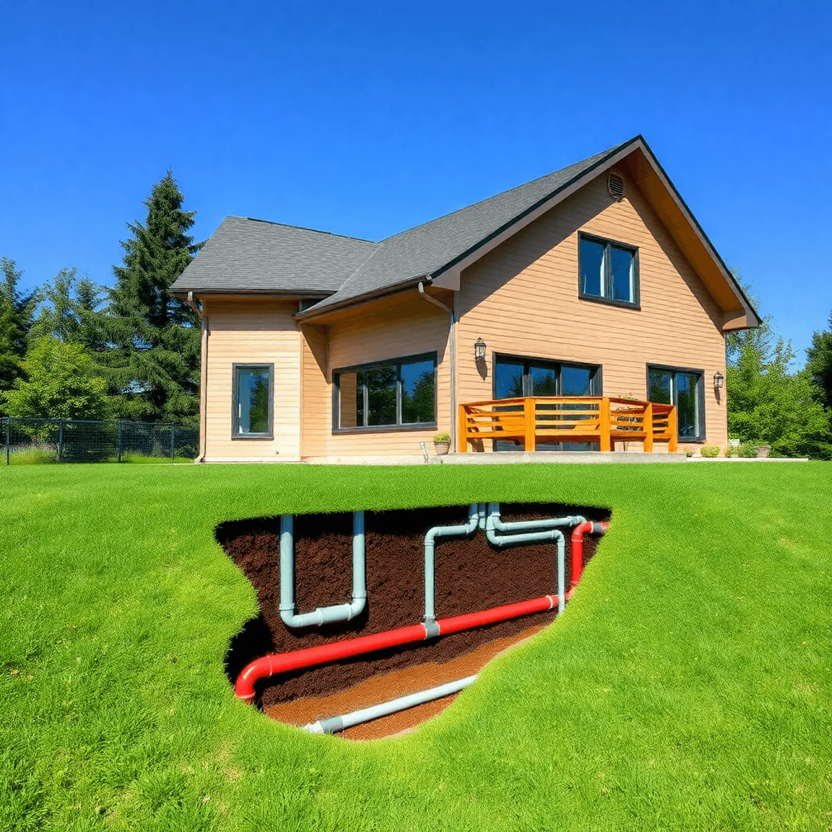 Maison moderne avec système de pompe à chaleur géothermique et conduites souterraines, entourée d'herbe verte et d'arbres sous un ciel bleu clair.