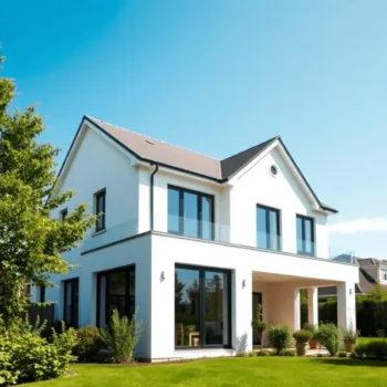 Maison moderne de banlieue avec une extension horizontale en construction, entourée de verdure et d'un ciel bleu clair, mettant en valeur l'amélior...
