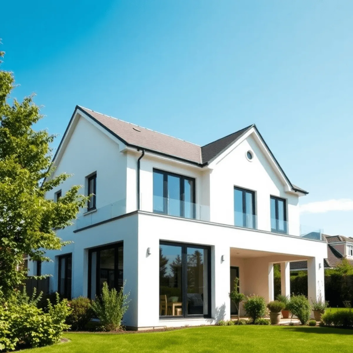 Maison moderne de banlieue avec une extension horizontale en construction, entourée de verdure et d'un ciel bleu clair, mettant en valeur l'amélior...