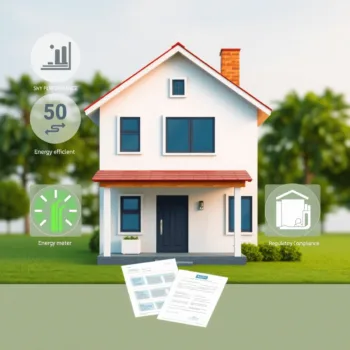Maison moderne économe en énergie avec des icônes pour la sécurité, un compteur d'énergie verte, des documents de conformité et des symboles de tra...