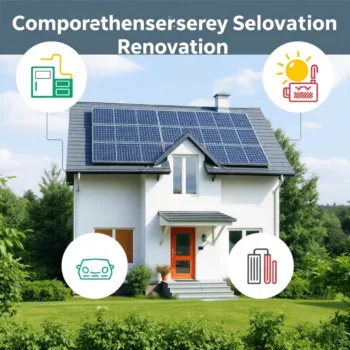 Maison moderne économe en énergie avec panneaux solaires, entourée de verdure, présentant des icônes pour l'isolation, le chauffage et la ventilati...