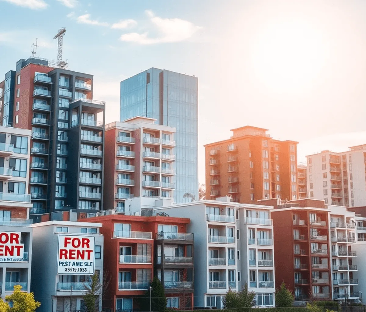 Paysage urbain avec des bâtiments résidentiels divers affichant des panneaux "À louer" sous un ciel ensoleillé, symbolisant la croissance et les op...