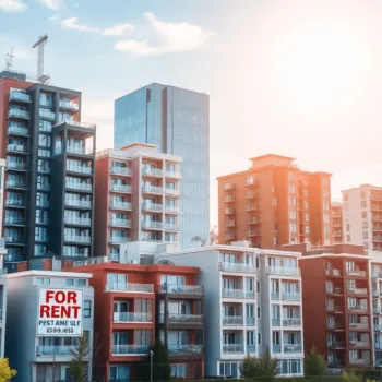 Paysage urbain avec des bâtiments résidentiels divers affichant des panneaux "À louer" sous un ciel ensoleillé, symbolisant la croissance et les op...