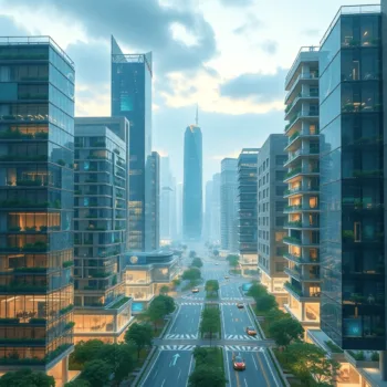 Paysage urbain futuriste avec des bâtiments modernes et durables, des interfaces numériques et une technologie d'IA, mettant en avant l'architectur...