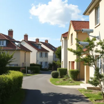 Rue française ensoleillée et suburbaines avec des maisons vides et des caméras de sécurité visibles, symbolisant la protection de la maison pendant...