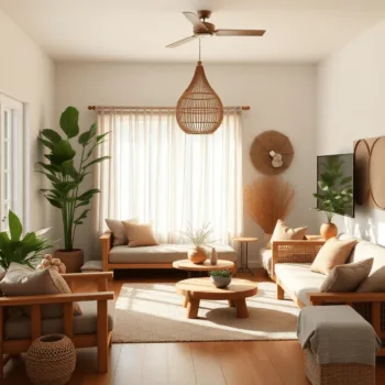 Salon confortable avec des meubles en bois naturel, des accents en pierre, une décoration en fibres végétales tressées, une lumière naturelle douce...