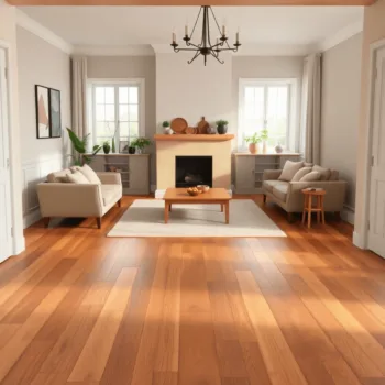 Salon confortable avec un parquet en bois massif, en bois d'ingénierie et en stratifié, illuminé par la lumière naturelle mettant en valeur les tex...