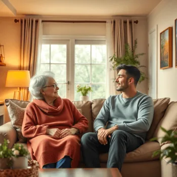 Salon confortable avec une femme âgée et un jeune homme partageant un espace chaleureux et accueillant, symbolisant la camaraderie intergénérationn...