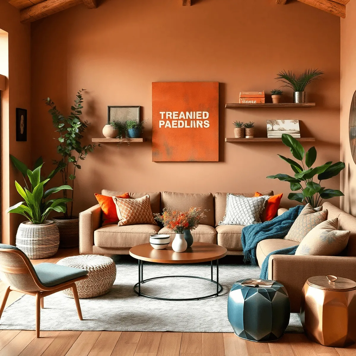Salon moderne et confortable avec des accents en terre cuite et vert sauge, des éléments en bois, des plantes, des tons terreux chauds, des touches...