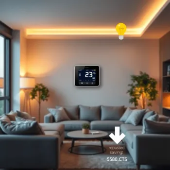 Salon moderne et confortable avec un éclairage chaleureux, un thermostat numérique sur le mur et des symboles lumineux d'économies d'énergie comme ...