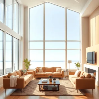 Salon moderne lumineux avec de grandes fenêtres orientées au sud, abondance de lumière naturelle et éléments de design intérieur chaleureux et accu...
