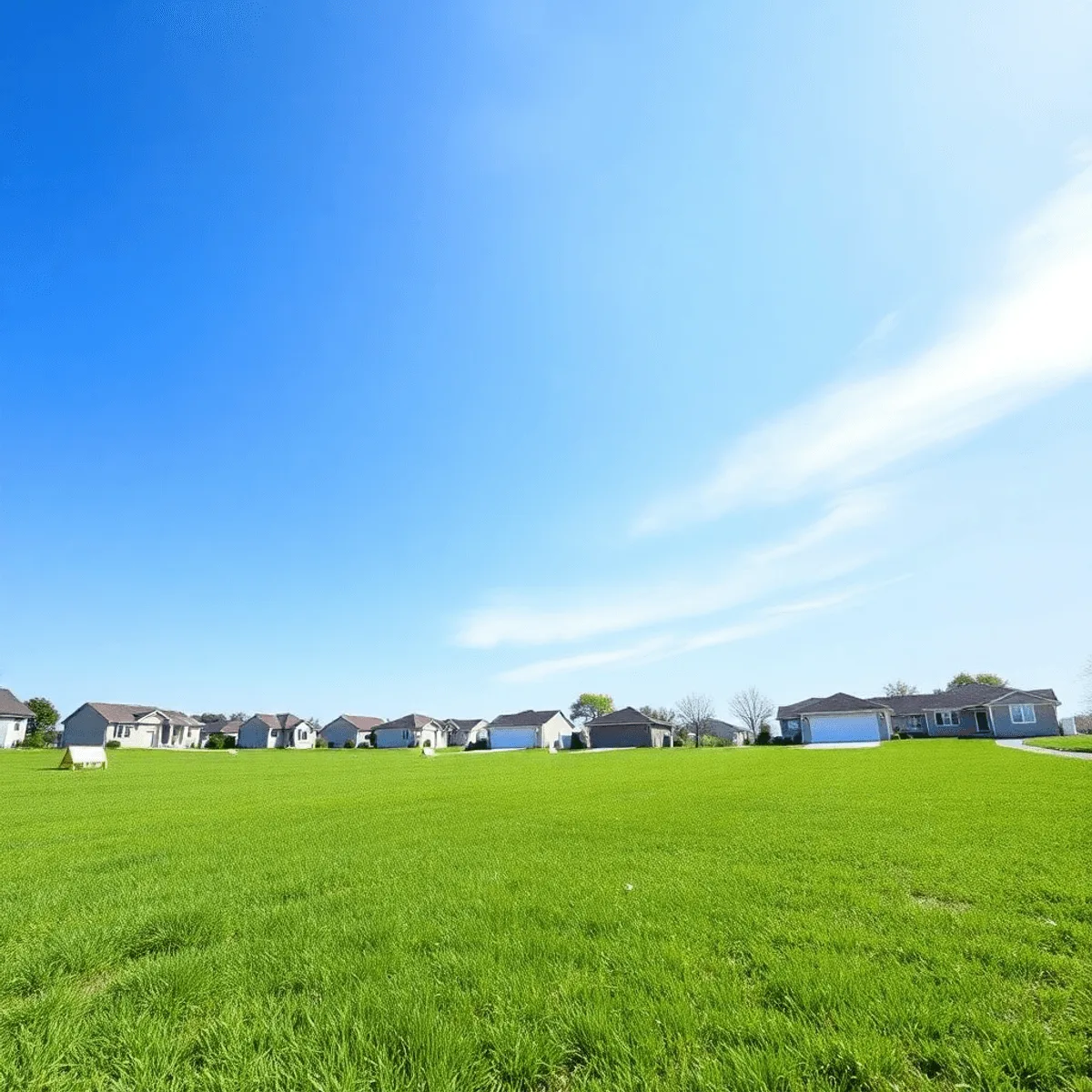 Terrain ensoleillé en banlieue avec herbe verte, ciel bleu et repères de construction indiquant le début d'un projet de construction sur le terrain.
