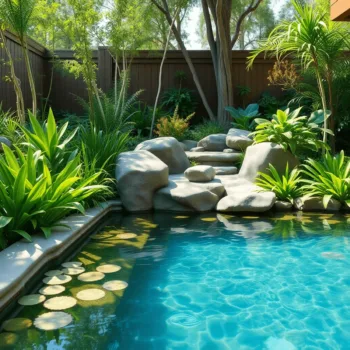 Un jardin de jardin arrière serein avec une piscine naturelle claire, entourée de plantes aquatiques luxuriantes et de pierres naturelles sous une ...