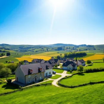 Un village rural pittoresque avec de nouvelles maisons nichées parmi des champs verts et des collines ondulrew souspac un ciel bleu éclatant.