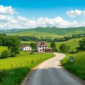 Une charmante maison de campagne entourée d'une verdure luxuriante et de collines ondulées sous un ciel bleu éclatant avec une route sinueuse y men...