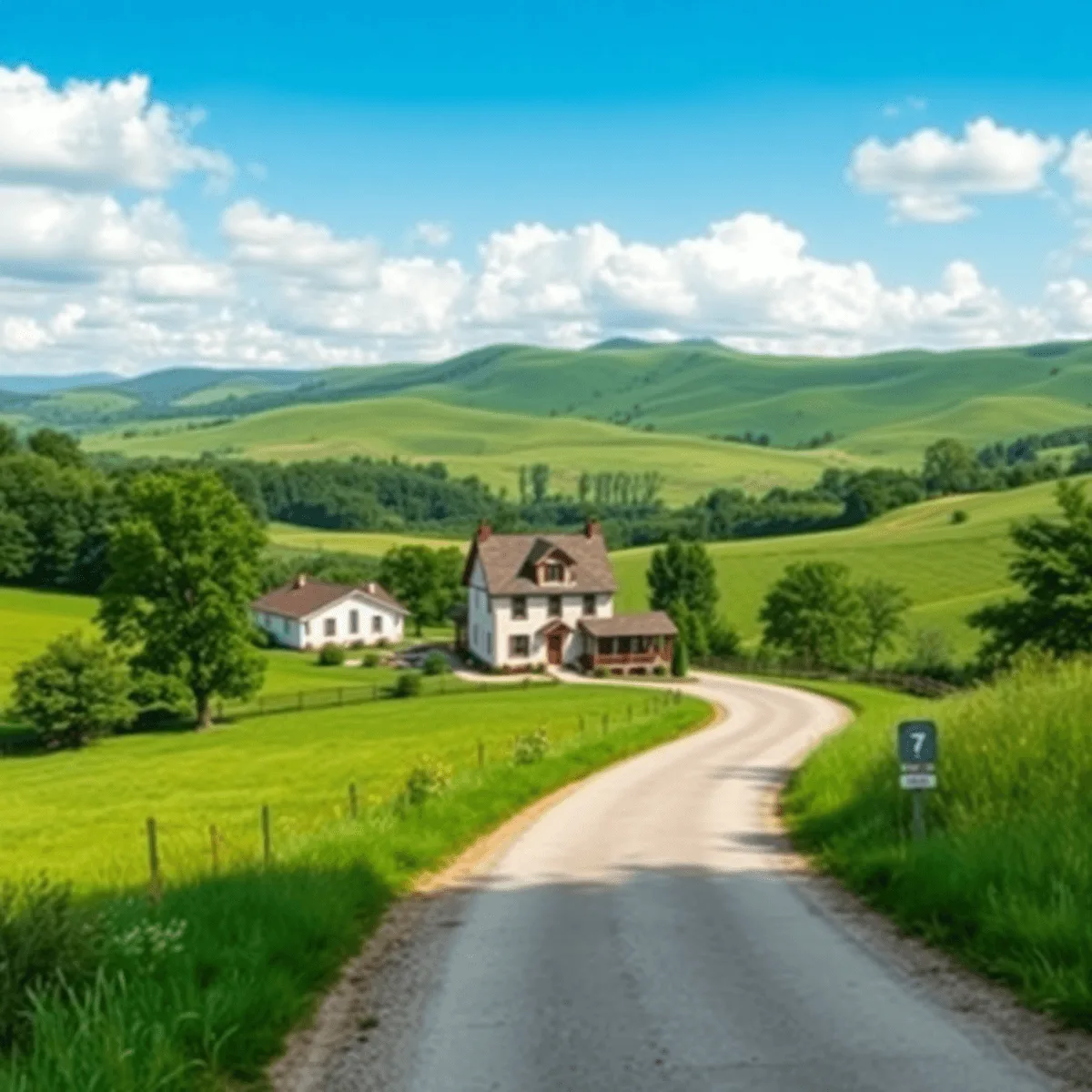 Une charmante maison de campagne entourée d'une verdure luxuriante et de collines ondulées sous un ciel bleu éclatant avec une route sinueuse y men...