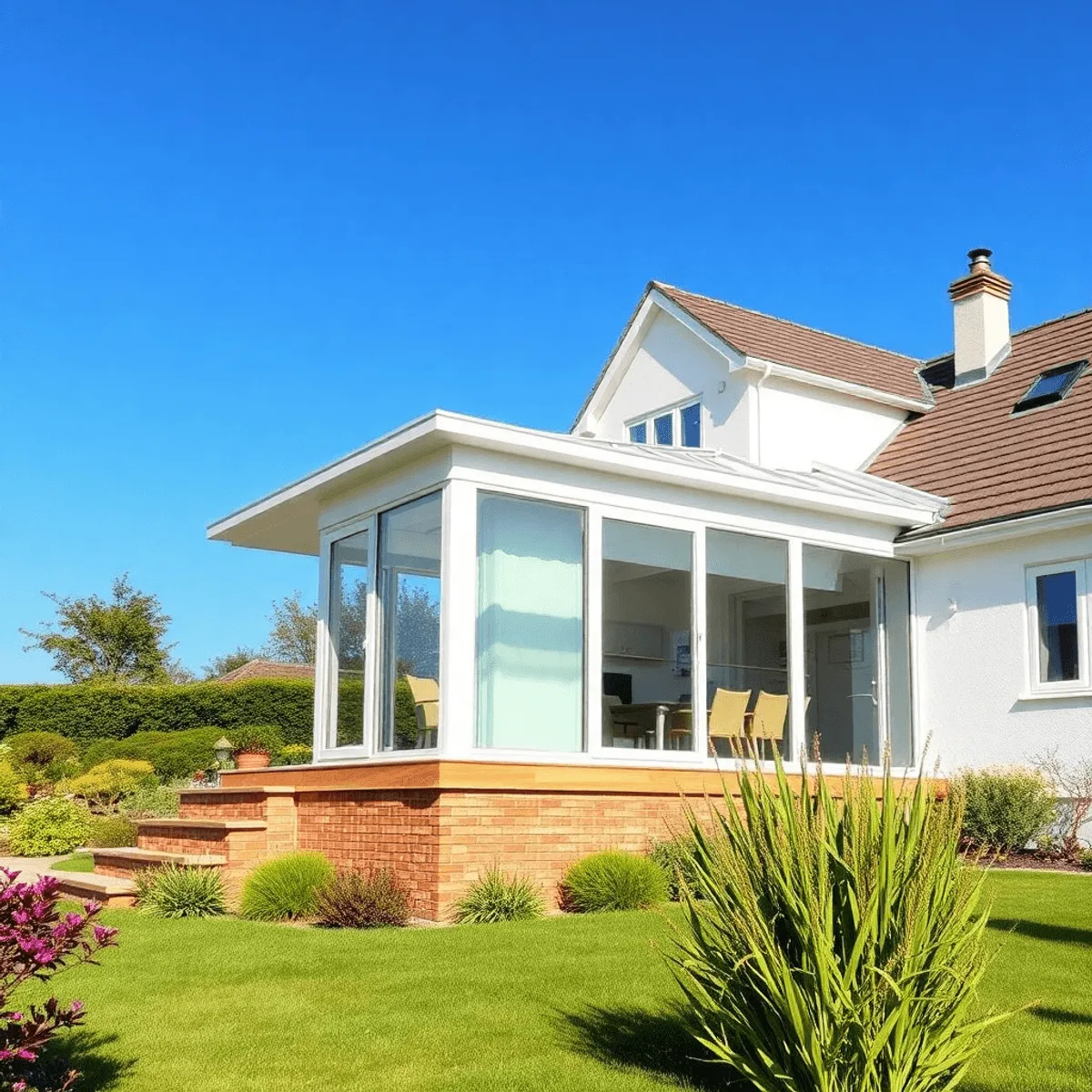 Veranda en verre moderne attachée à une maison, entourée d'un jardin soigné sous un ciel bleu clair, mettant en valeur un espace de vie extérieur.
