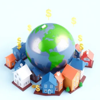 Un globe moderne avec des maisons miniatures et des symboles de devises autour de lui, symbolisant l'investissement immobilier international et la ...