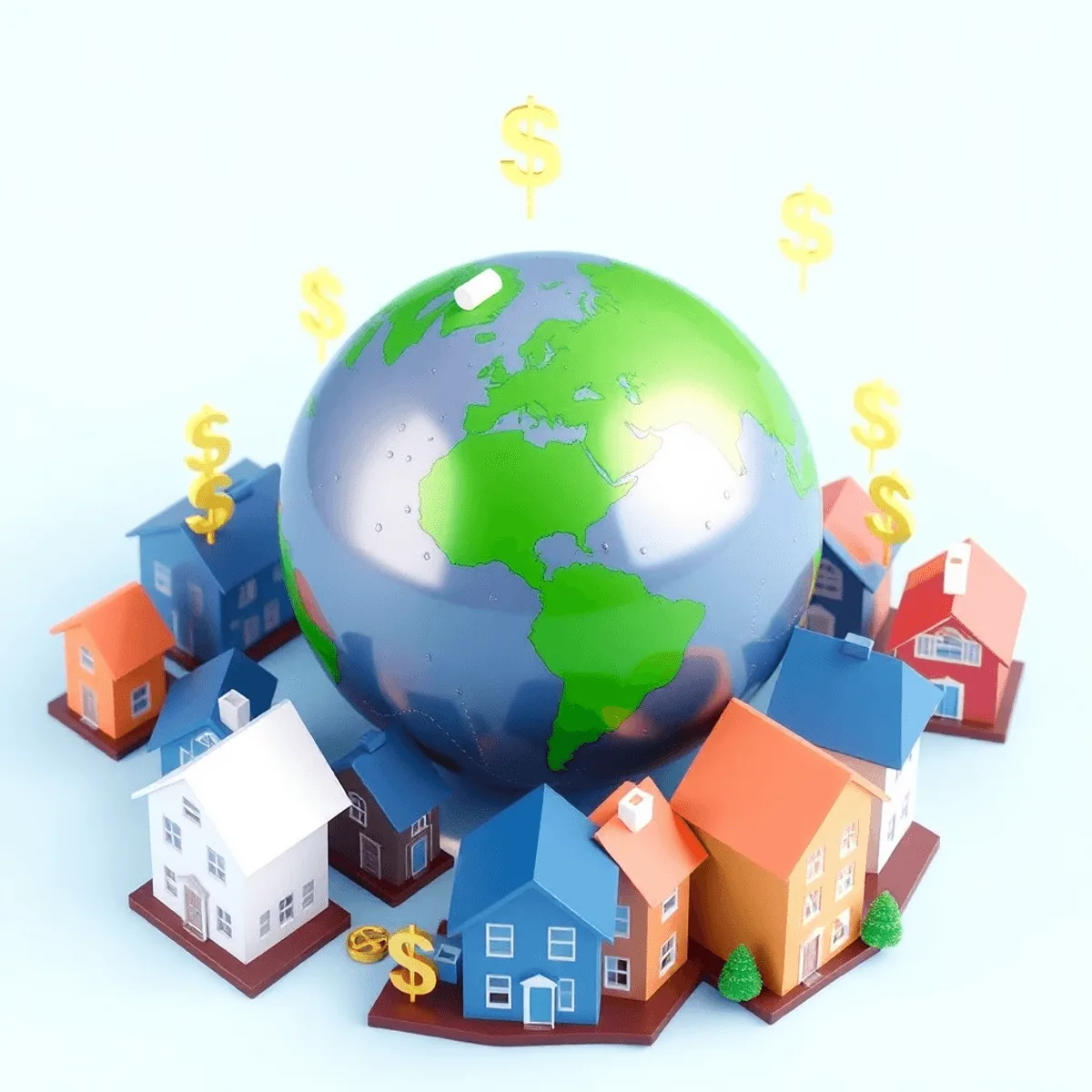 Un globe moderne avec des maisons miniatures et des symboles de devises autour de lui, symbolisant l'investissement immobilier international et la ...